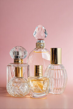 Collection of exquisite perfume bottles with glittering caps, reflecting luxury and style for a sophisticated beauty and cosmetic concept