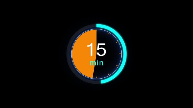 Abstract clock icon animation. 15 minute timer symbol, isolated on black background, and creating a stunning 4k video.