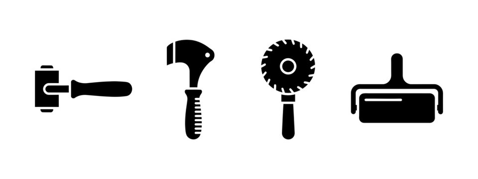 Leatherworking tool icon set featuring leather craft roller, cutting knife, tracing wheel, and skiving equipment