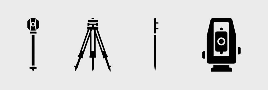Black icons of surveying tools like total station and tripod for land measurement and civil engineering projects