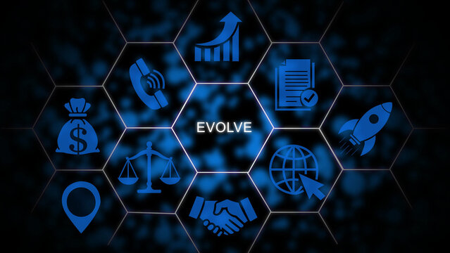 Business concept with the word evolve centered in a glowing blue honeycomb pattern surrounded by various like a rocket, handshake, money bag, and document on a dark background
