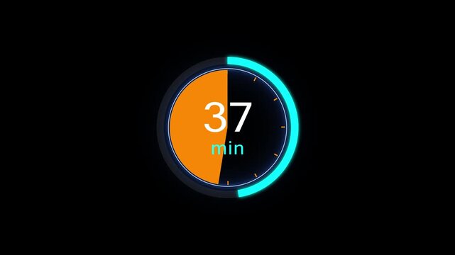Abstract clock icon animation. 37 minute timer symbol, isolated on black background, and creating a stunning 4k video.