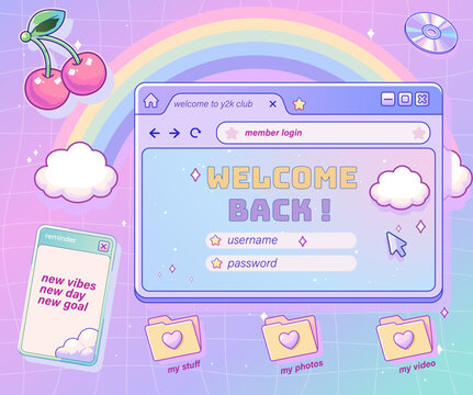 Y2K Welcome Back Login Screen with Retro Web Browser Window, Rainbow, Cute Clouds, Cursor, Folder Icons and Pastel Decorations. Y2K UI Interface