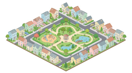 Fototapeta premium Cozy Neighborhood Park Scene Isometric Pixel Art