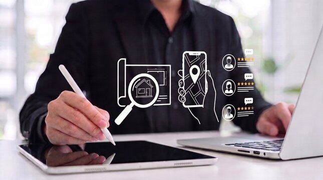 local search marketing and customer review rating, store location management on laptop tablet for local SEO to boost small business visibility digital growth and brand success.