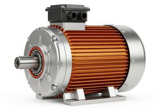 Close-up of electric motor with metallic casing isolated on white background