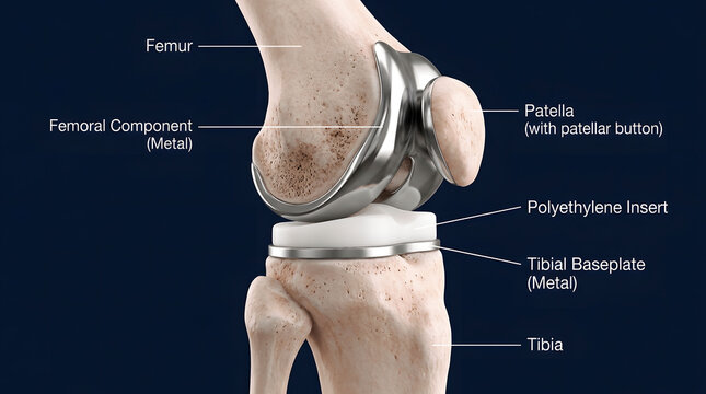 Detailed medical diagram of knee joint replacement implant showing bone