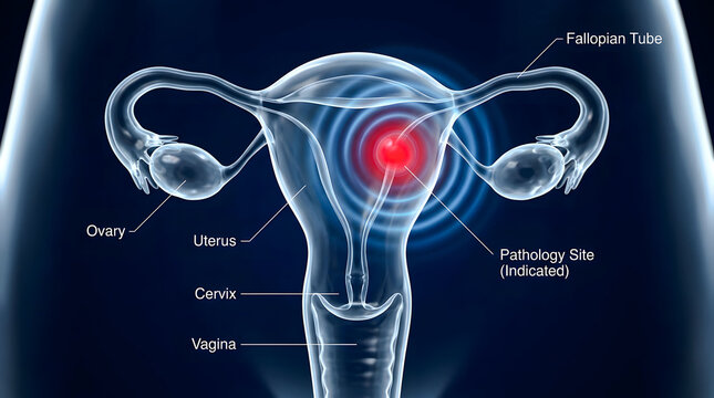 Anatomical illustration of human female reproductive system showing pathology
