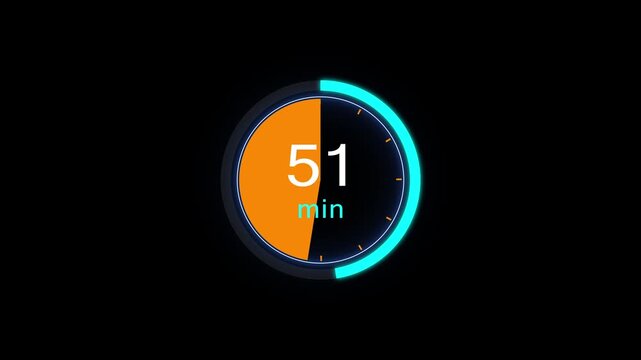 Abstract clock icon animation. 51 minute timer symbol, isolated on black background, and creating a stunning 4k video.