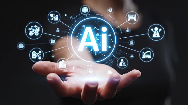 Blue AI circle hologram hovering above an open hand.