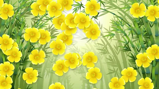 Animated Yellow Flowers Falling Over Green Bamboo Forest Background