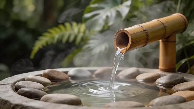 Bamboo water feature in garden