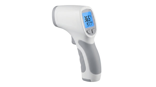 Digital infrared thermometer displaying temperature reading in celsius and fahrenheit for medical health check or fever detection tool on transparent background.