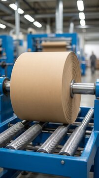 Industrial paper manufacturing machine with a large roll of brown kraft paper moving along metal rollers in a factory production facility setting