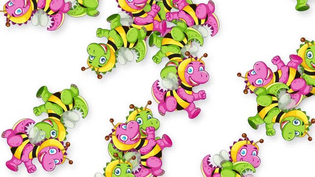 Falling Cartoon Dragon and Bee Characters on White Background