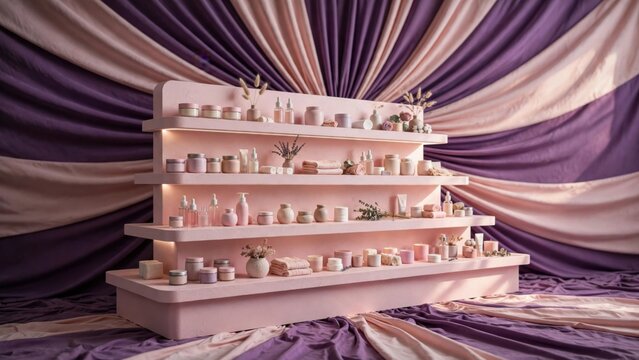 Pastel Pink Shelving Unit Displaying Assortment of Small Objects Against Draped Fabric Background.