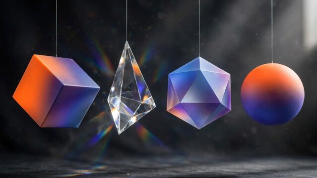 Abstract Geometric Shapes Hanging in a Dark Studio.