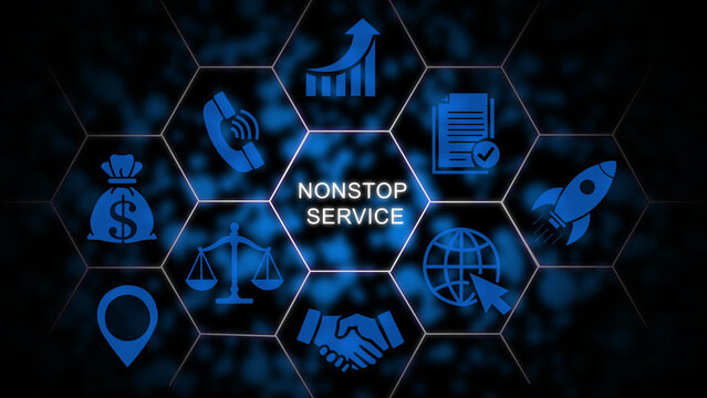 Digital business concept featuring the words nonstop service surrounded by glowing blue of a money bag, telephone, growth chart, document, rocket, globe, scales of justice, handshake