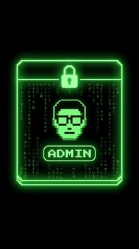 Digital admin login interface with a glowing green pixel human head and a padlock symbol on a dark background, with streaming code
