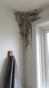 Dark black mold growing in the corner of a white painted wall near a window frame with a grey towel hanging on a wooden hook in bathroom