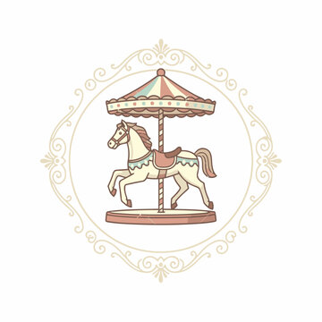 Vintage flat vector carousel horse with canopy on white background for children's decor