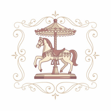 Vintage children's carousel horse illustration with ornamental frame on white background