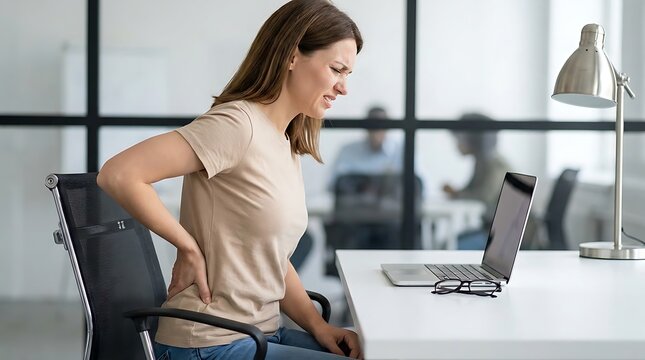 Businesswoman sitting at a desk in an office feeling back pain while working on a laptop and holding her lower back with a pained expression