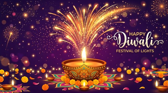 Diwali festival of lights with fireworks and traditional oil lamps illustration
