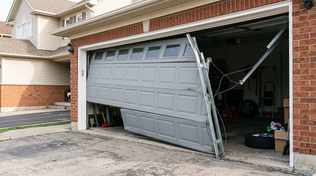 Sectional garage door stuck half open and hanging crooked on its tracks