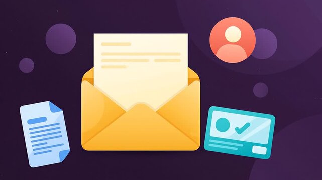 Email opening and reading animation video on purple background