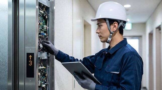 An elevator technician wearing a hard hat and gloves using a tablet to inspect the electronic control panel of an elevator system