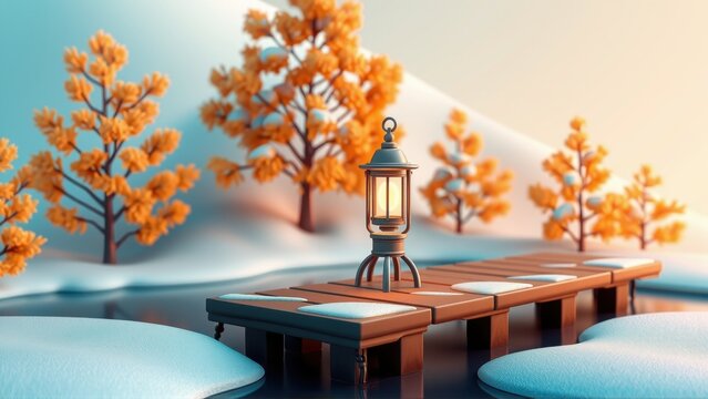 Stylized winter scene. Wooden dock with glowing lantern amidst snow covered landscape. Orange trees contrast cool blue sky. Peaceful, serene.