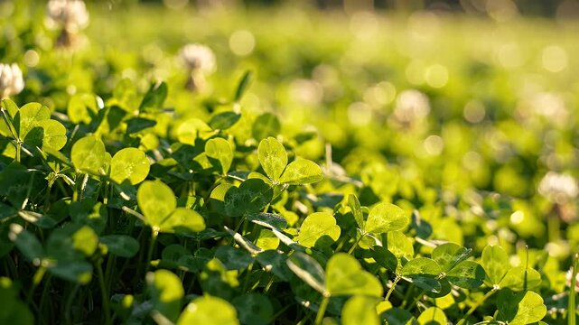 Sunlit meadow filled with dense green clover plants.