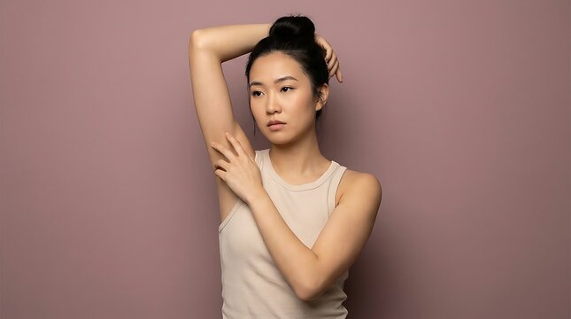 A young asian woman with her hair in a bun poses against a solid mauve background, touching her armpit area while looking away from camera