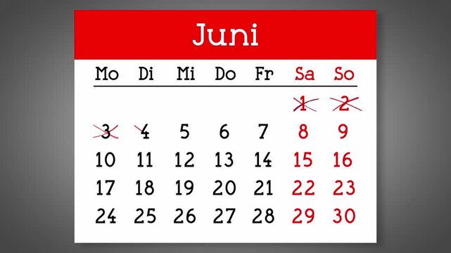Calendar page for German June with days crossed out - 4k animation (3840 x 2160 px)