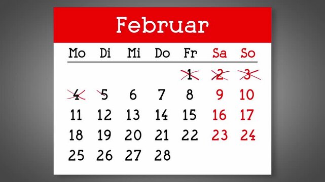 Calendar page for German February with days crossed out - 4k animation (3840 x 2160 px)