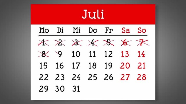 Calendar page for German July with days crossed out - 4k animation (3840 x 2160 px)