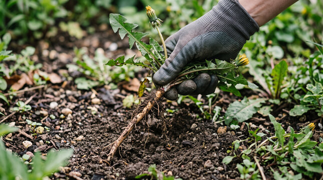 Gloved hand pulling a dandelion weed with its tap root from garden soil