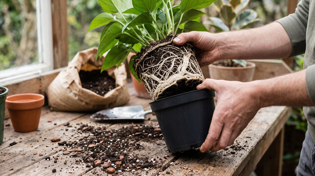 Hands lifting a rootbound plant out of a plastic pot showing circled roots
