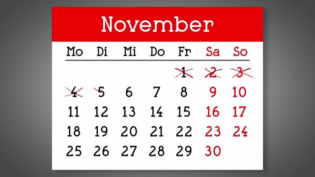 Calendar page for German November with days crossed out - 4k animation (3840 x 2160 px)