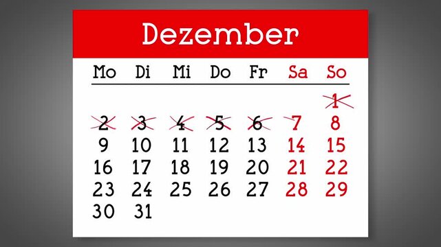 Calendar page for German December with days crossed out - 4k animation (3840 x 2160 px)