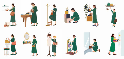 Fototapeta premium Flat illustration set of a woman in a green dress shopping for handbags and accessories in various boutique settings.