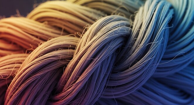 Abstract macro view of intertwined colorful synthetic fibers with soft lighting