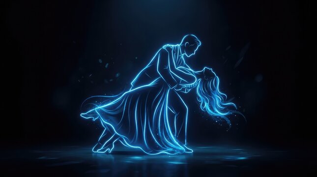 A glowing blue neon silhouette of a romantic couple dancing together isolated on a dark black background