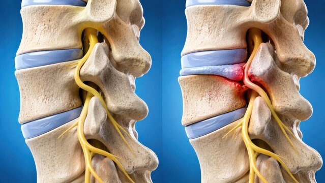 Vertebral column showing healthy spinal disc versus ruptured herniated disc nerve compression view.