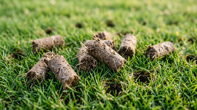 Extreme close up of soil plugs lying on a green lawn after core aeration