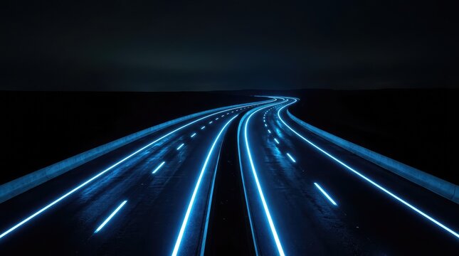 Streaks of light illuminate a dark highway during long exposure nighttime photography