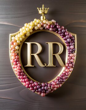 Close up of a decorative wreath with RR monogram on door.