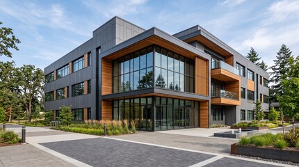 Fototapeta premium Modern office building exterior with glass facade and wood accents in a lush green landscape.