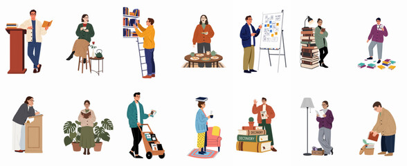 Fototapeta premium Set of flat vector illustrations featuring diverse people reading, studying, and organizing books in libraries, schools, and home environments.